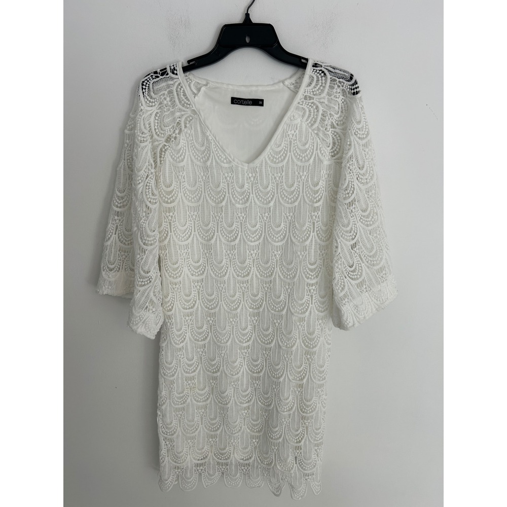 Cortelle‎ White Lace Mini Dress V-Neck 3/4 Bell Sleeve Scalloped Size 38/Small